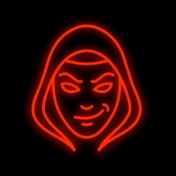 The Impostor — a glowing neon orange hooded figure with a sly smirk, the masked face of hidden identity in this social deduction party game