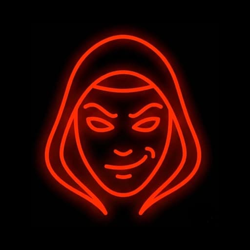 The Impostor — a glowing neon orange hooded figure with a sly, masked smirk. A social deduction party game where players identify the liar in their group.