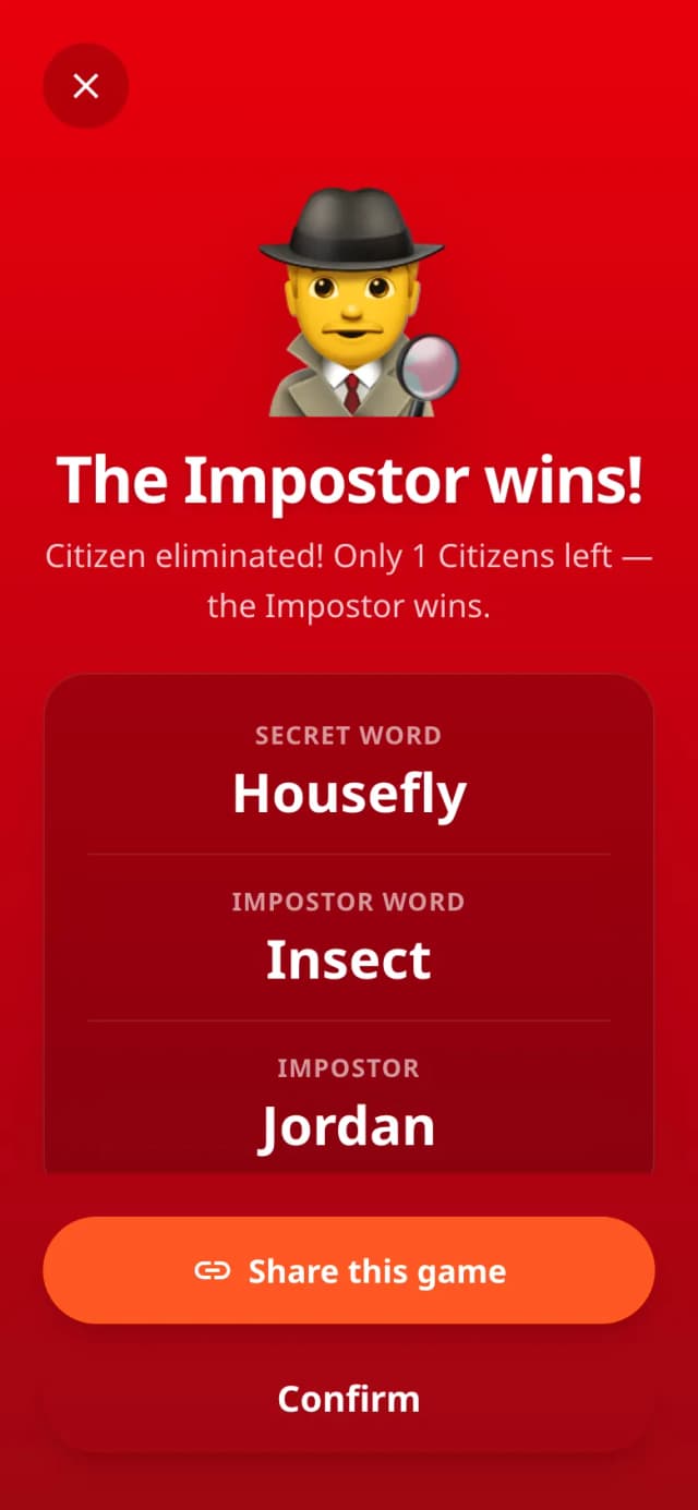 Экран результата The Impostor, показывающий, поймали ли импостора в конце бесплатного раунда вживую