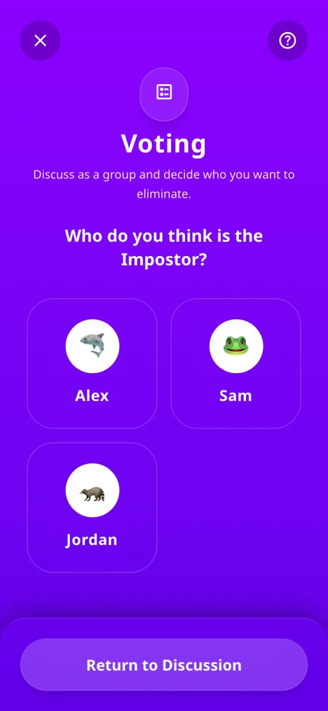 Der eingebaute Abstimmungsbildschirm von The Impostor, der die Stimmen automatisch auszählt — kein Moderator nötig, anders als bei Werwolf oder Mafia